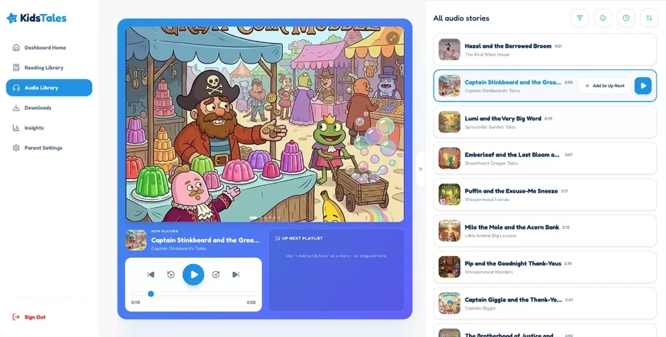 The Kids Tales audio library playing a story, with the full list of audio stories and their lengths