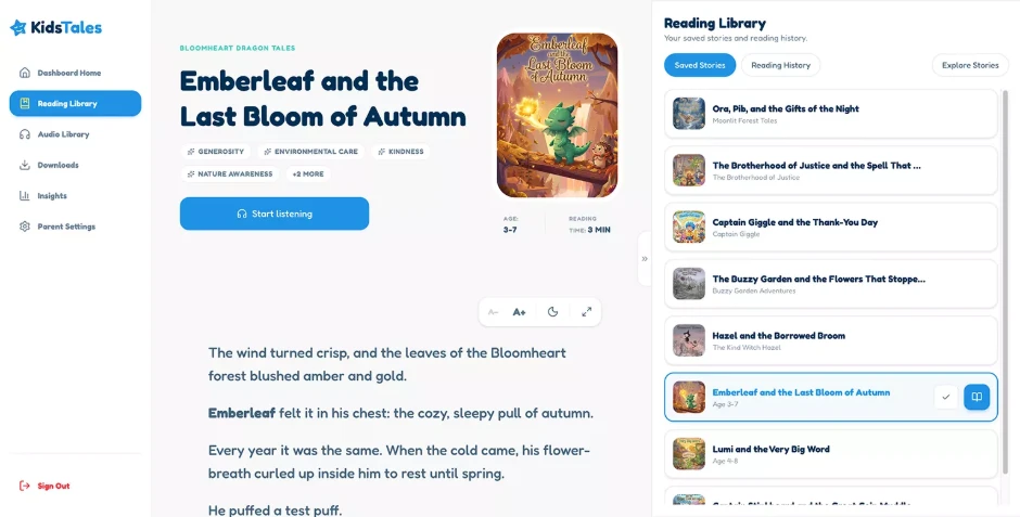 A Kids Tales story open for reading, with a start listening button and a sidebar of saved stories